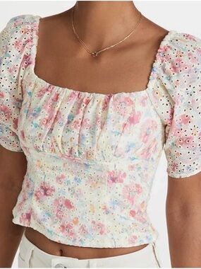 ASTR the Label White Floral Eyelet Puff Sleeve Square Neck Top